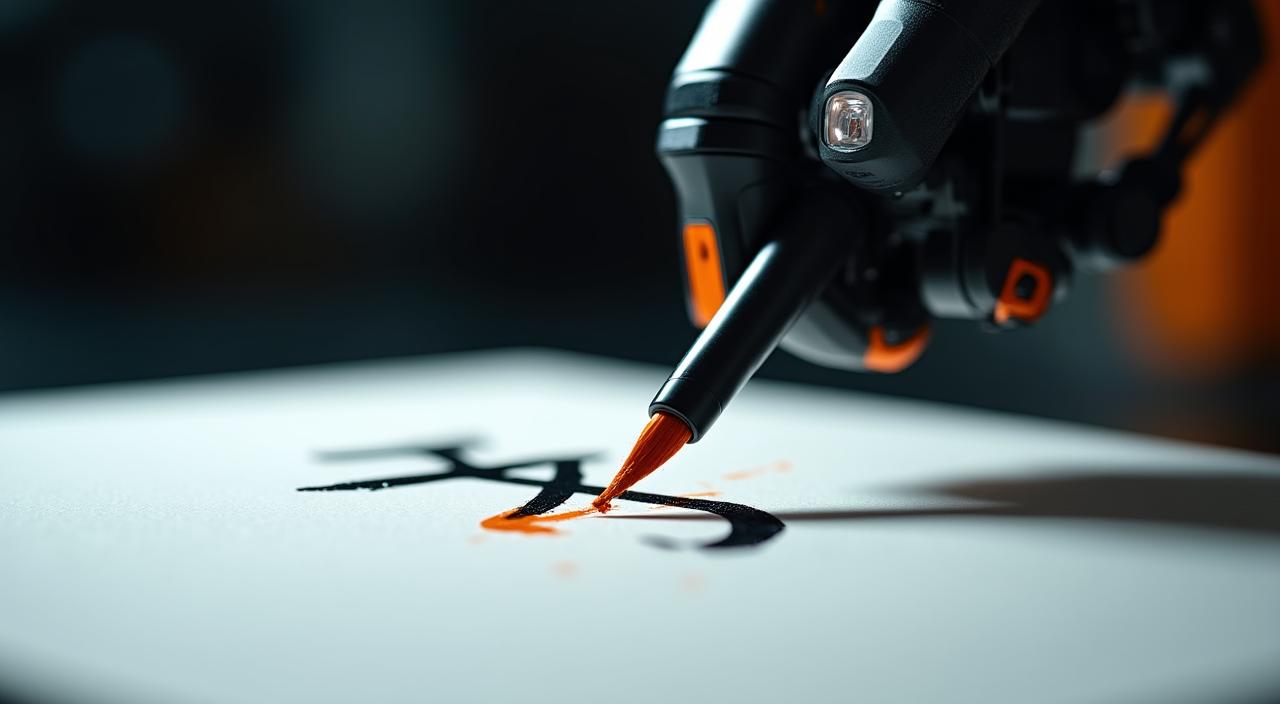精密なロボットアームが和紙に繊細な筆跡を描く様子