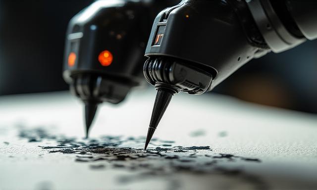 伝統的な筆を操る黒い産業用ロボットアーム