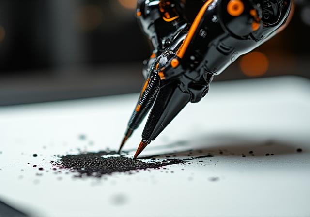 精密な動作で書道を行うロボットアームの近接写真