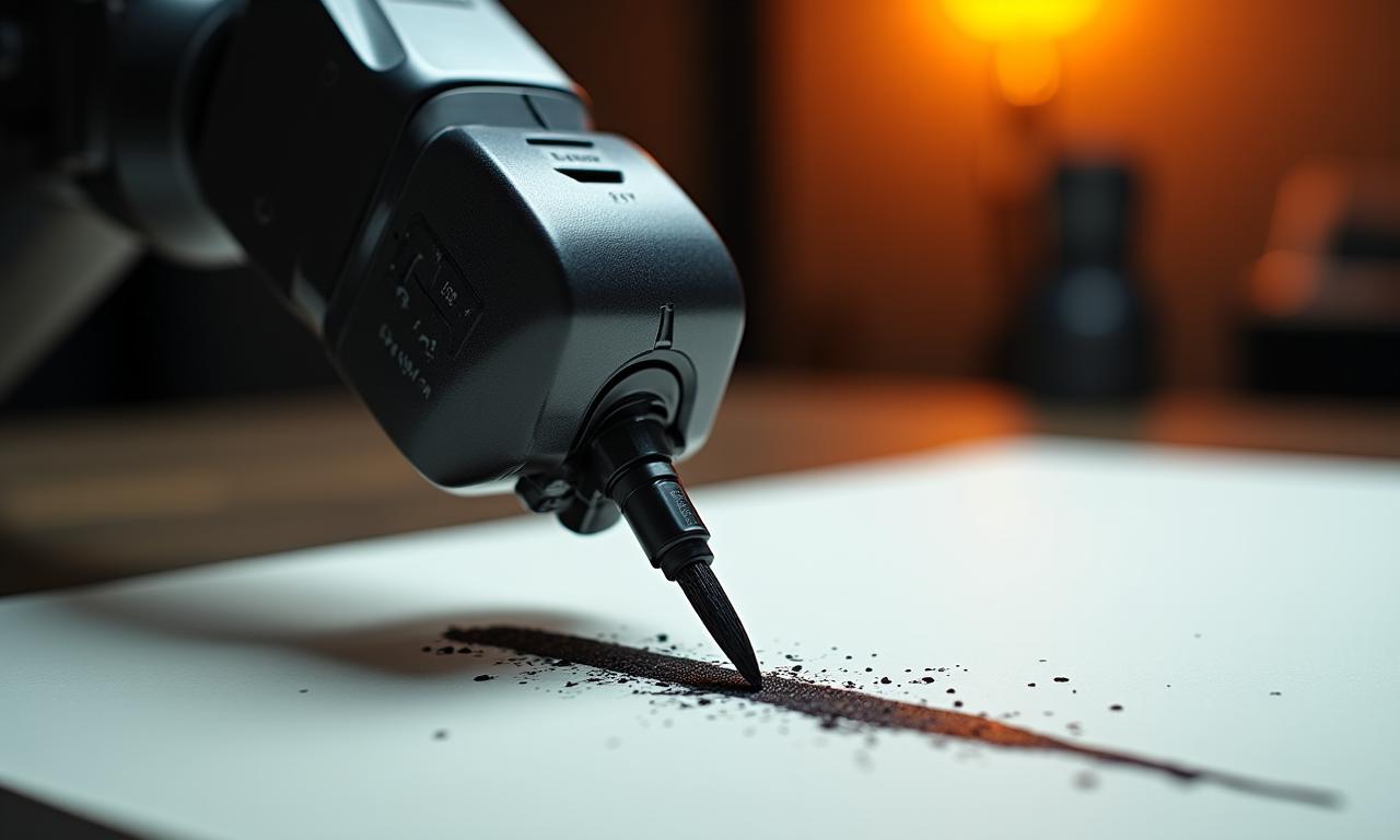 精密なロボットアームが筆を持ち、美しい日本語の文字を書く様子